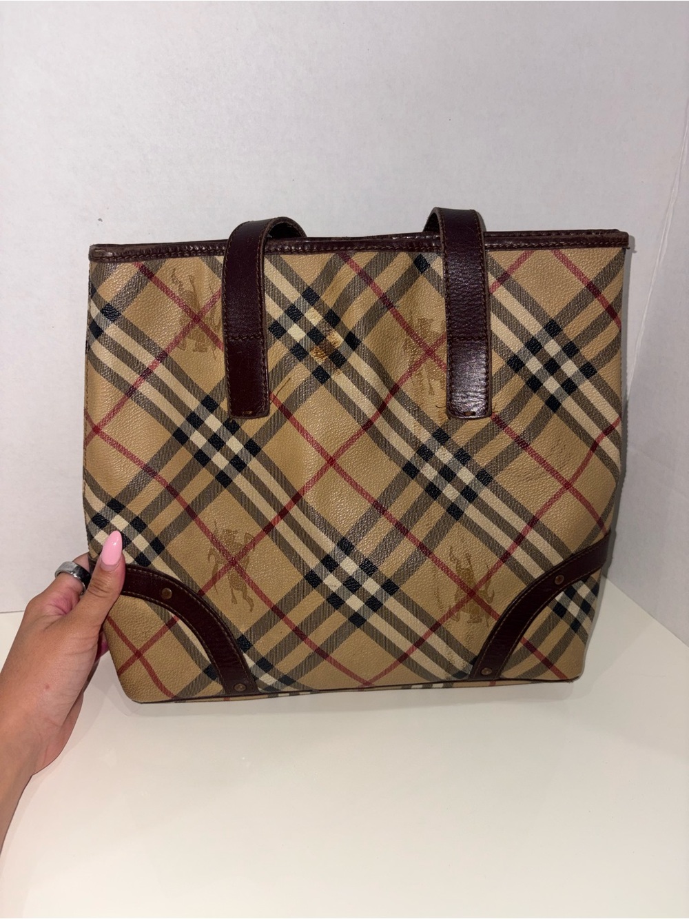 Burberry Vintage Beige Checkered Mini Tote with Brown Leather Trim
